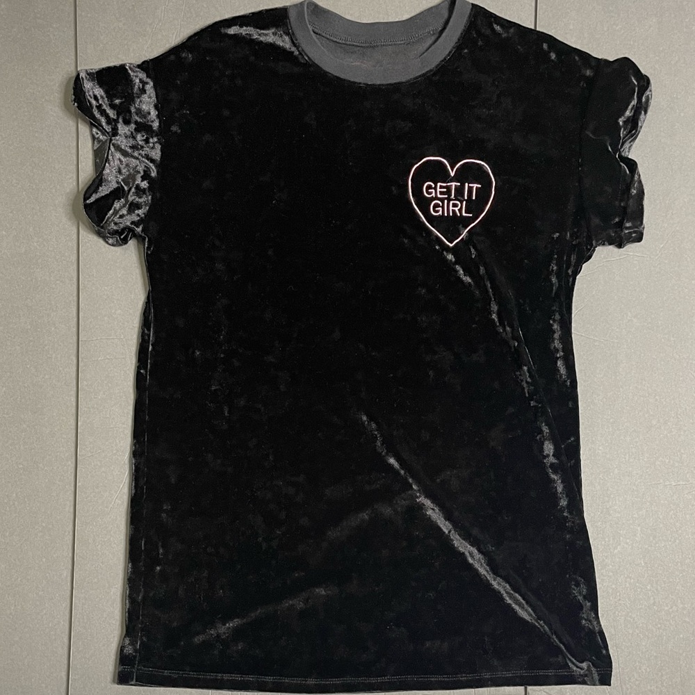 Brand and Materials are hard to read. Size Small. “Get It Girl”. Worn.